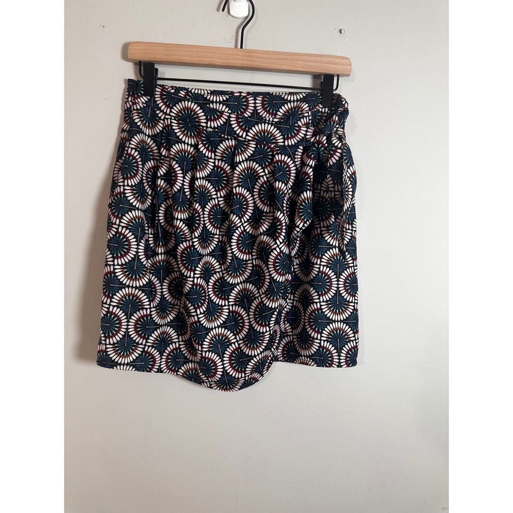 Molly Bracken Geometric Fan Print Wrap Tulip Skirt Navy Blue Teal Coral NEW - Picture 3 of 8